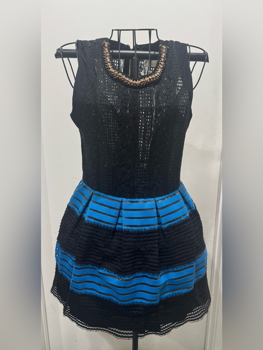 Neslay Designer Black Lace & Blue Stripe Fit-and-Flare Dress